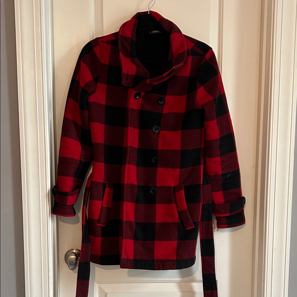 Red and Black Plaid Pea Coat